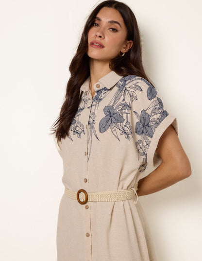 Printed Linen Belted Dress