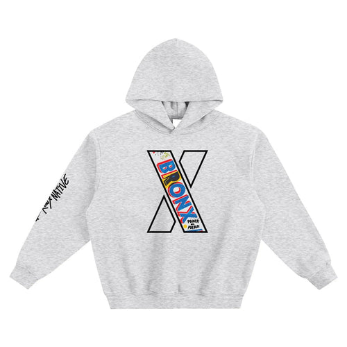 Gray hoodie with colorful 'BONY' graphic on a white background